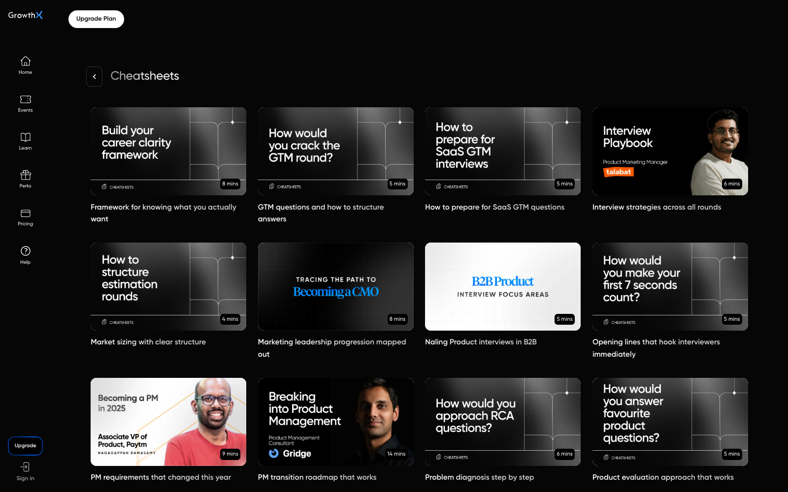 The current Elevate Cheatsheets library, showing interview references for career clarity, GTM, estimation, marketing leadership, product roles and RCA.
