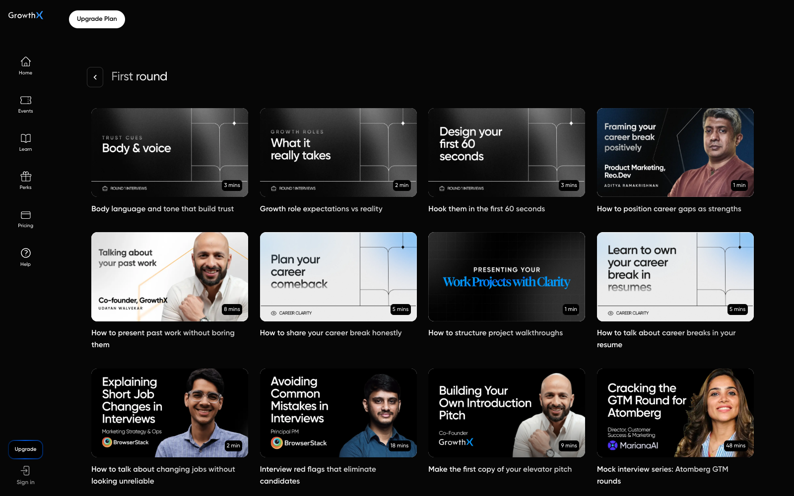 The current Elevate First round library, showing resources on introductions, role expectations, career breaks, project walkthroughs and interview mistakes.