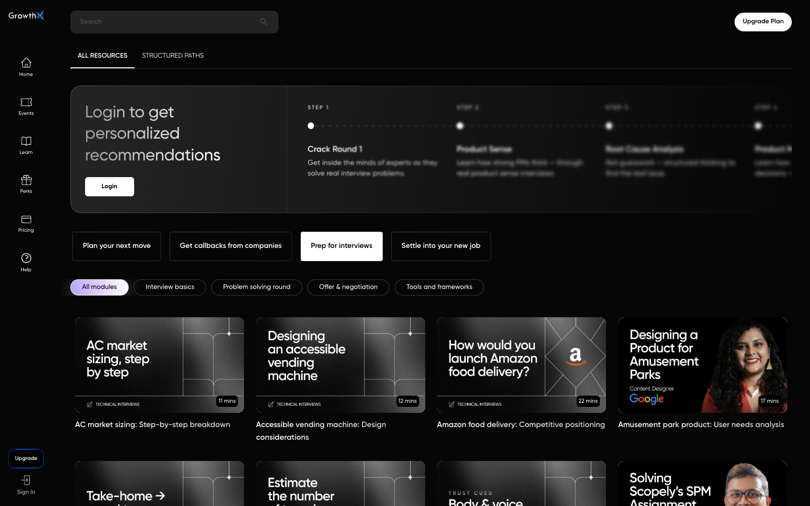 The current Elevate Interview Prep library, with Interview basics, Problem solving round, Offer and negotiation, and Tools and frameworks filters.