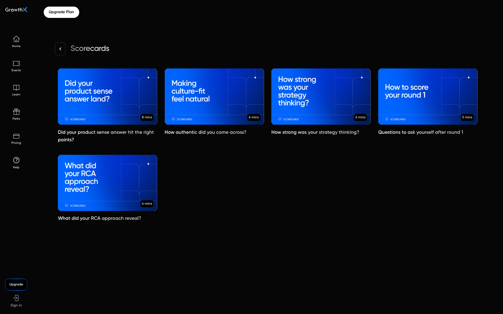 The Elevate Scorecards library with cards for product sense, culture fit, strategy, round one and root cause analysis.