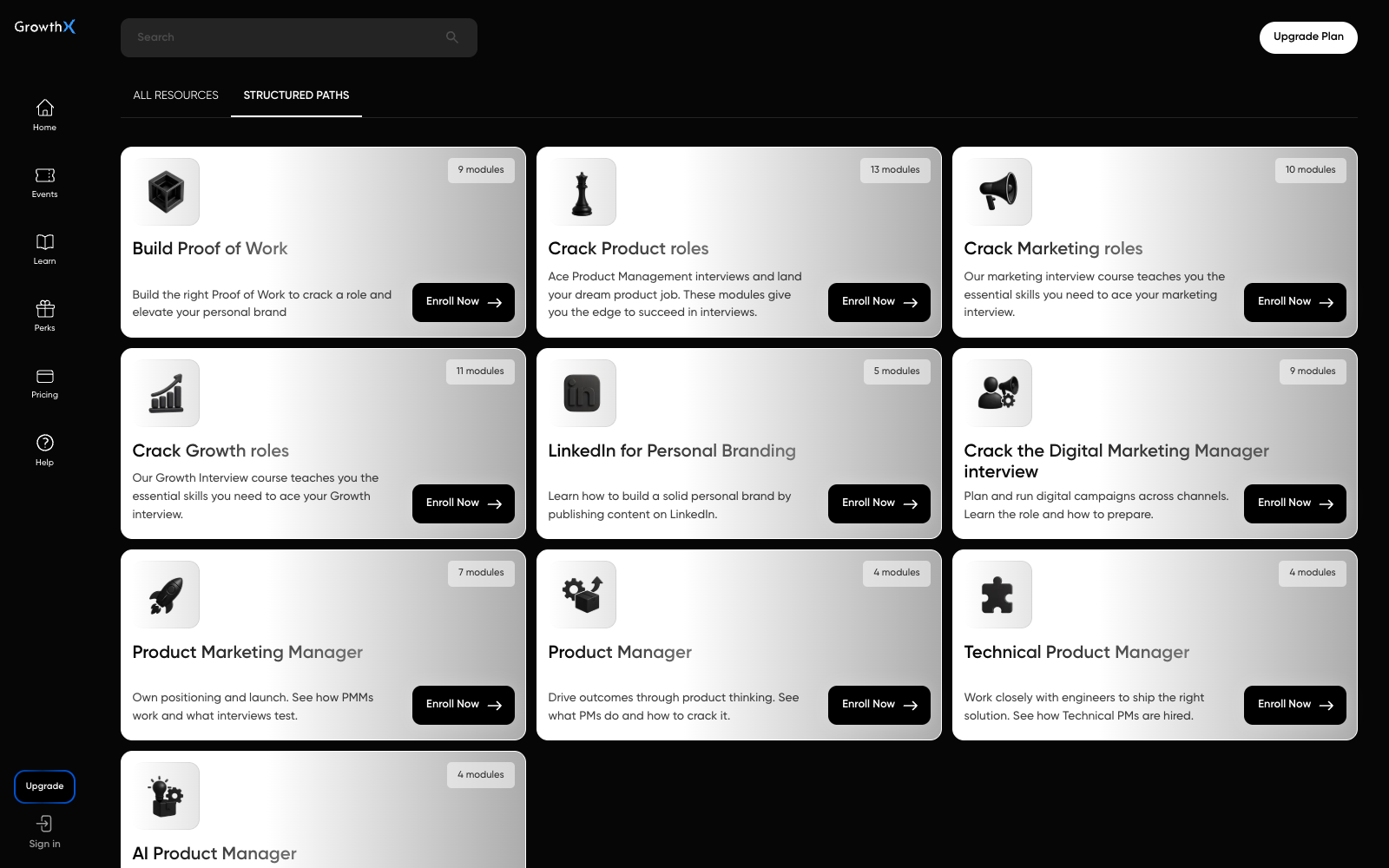 The current Elevate Structured Paths page, showing role paths for Product, Growth, Marketing, Product Marketing, Digital Marketing, Technical Product and AI Product roles.