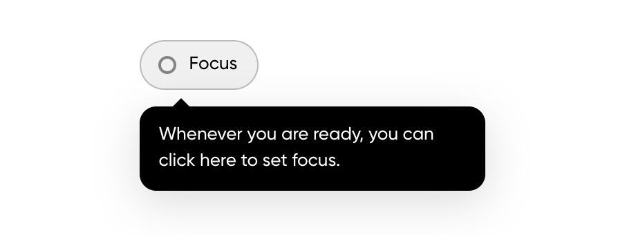 The Focus pill in the top-left corner of a new tab, with the tooltip Whenever you are ready, you can click here to set focus.