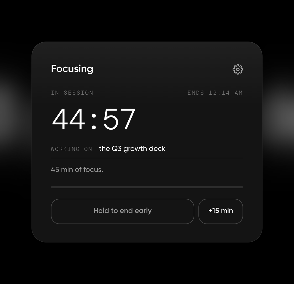 Focusing sheet showing 44:57 on the clock, the Hold to end early button and the +15 min button