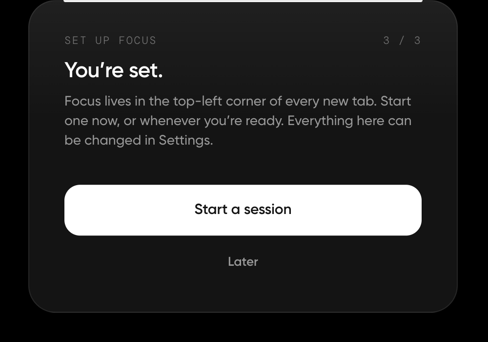 Step 03, You’re set., with the Start a session button and a Later link