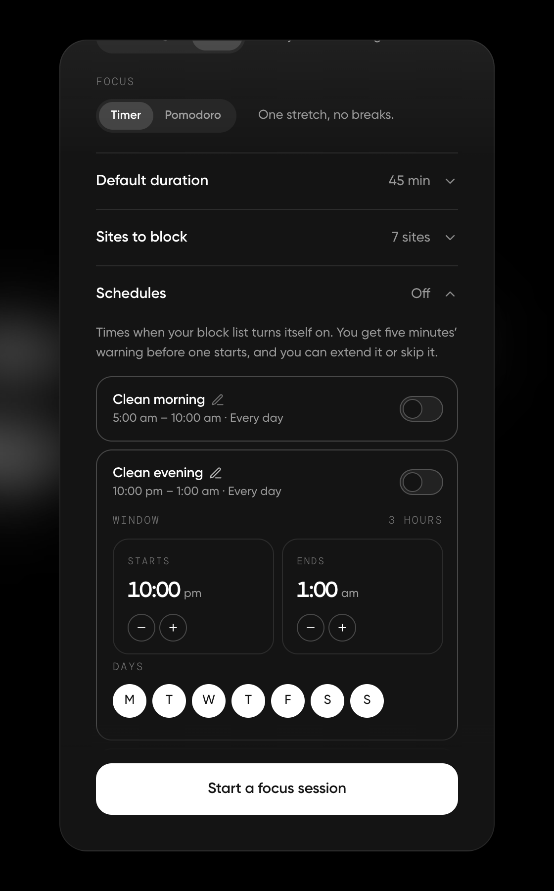 Settings with Schedules open: Clean morning and Clean evening rows, with Clean evening expanded to show its start time, end time and day circles