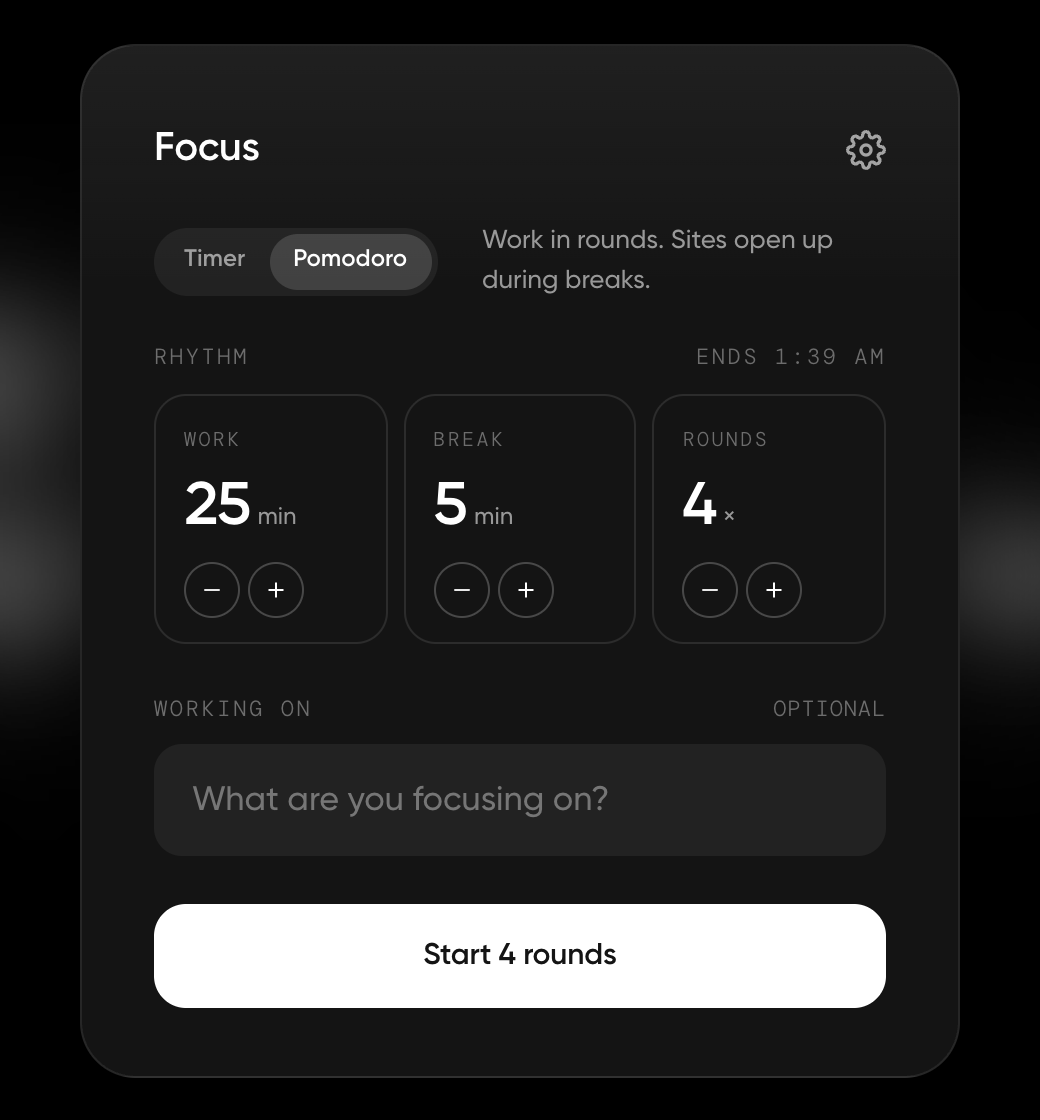 Focus card in Pomodoro mode with the Rhythm settings for Work, Break and Rounds and the start button
